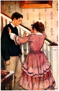 Jessie Willcox Smith – Holding onto the banisters, she put him gently away (Little Women by Louisa May Alcott) [from Jessie Willcox Smith: American Illustrator]. Free illustration for personal and commercial use.