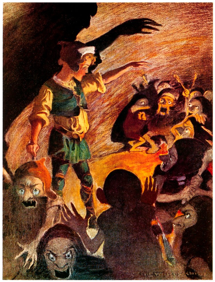 Jessie Willcox Smith – The goblins fell back a little when he began, and made horrible grimaces all through the rhyme (The Princess and the Goblin by George MacDonald) [from Jessie Willcox Smith: American Illustrator]. Free illustration for personal and commercial use.