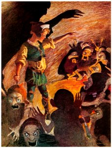 Jessie Willcox Smith – The goblins fell back a little when he began, and made horrible grimaces all through the rhyme (The Princess and the Goblin by George MacDonald) [from Jessie Willcox Smith: American Illustrator]. Free illustration for personal and commercial use.
