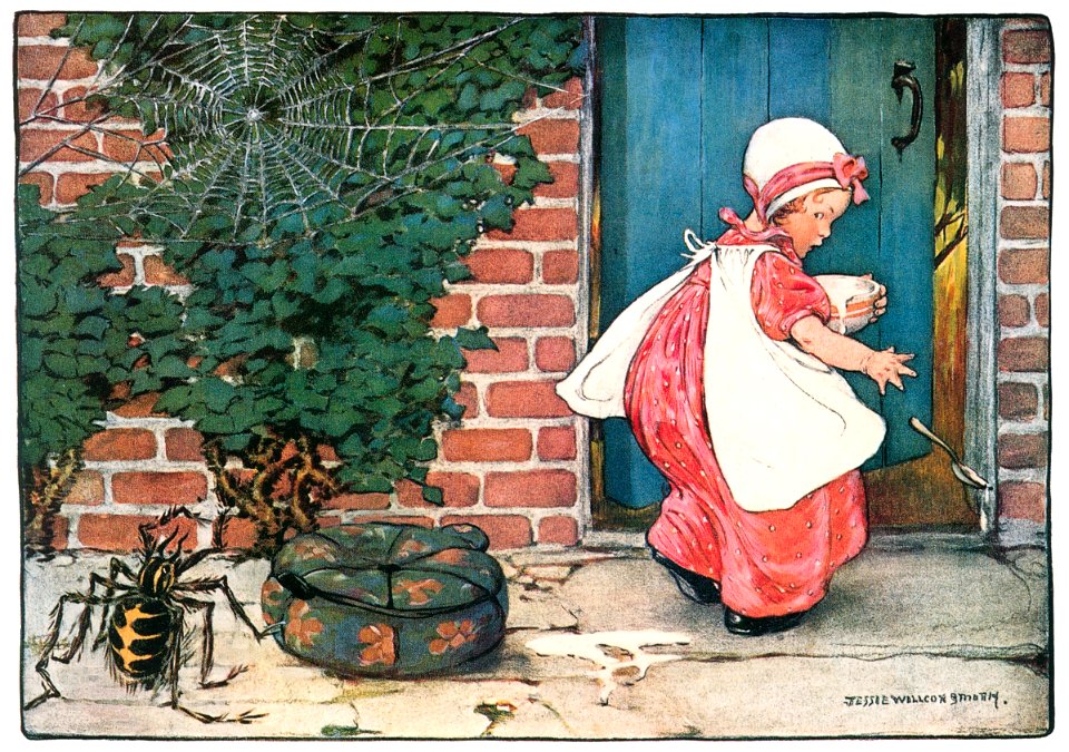 Jessie Willcox Smith – Little Miss Muffet sat on a tuffet (The Jessie Willcox Smith Mother Goose) [from Jessie Willcox Smith: American Illustrator]. Free illustration for personal and commercial use.