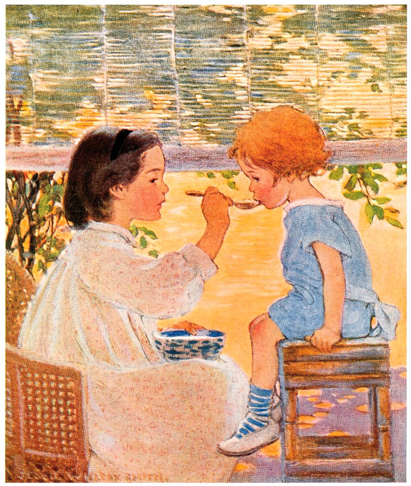 Jessie Willcox Smith – Playing Mother (A Very Little Child’s Book of Stories by Ada M. and Eleanor L. Skinner) [from Jessie Willcox Smith: American Illustrator]. Free illustration for personal and commercial use.