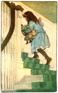 Jessie Willcox Smith – She began to mount the stairs which led to the upper floors (In the Closed Room by Frances Hodgson Burnett) [from Jessie Willcox Smith: American Illustrator]. Free illustration for personal and commercial use.