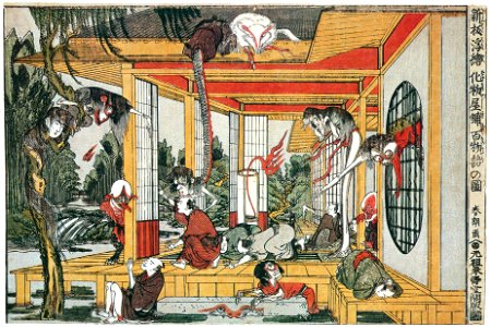 Katsushika Hokusai – Newly Published Perspective Picture: One Hundred Ghost Stories in a Haunted House [from Meihin Soroimono Ukiyo-e]. Free illustration for personal and commercial use.