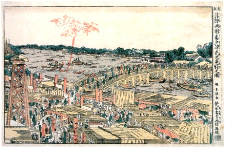 Katsushika Hokusai – Watching Fireworks in the Cool of the Evening at Ryôgoku Bridge [from Meihin Soroimono Ukiyo-e]