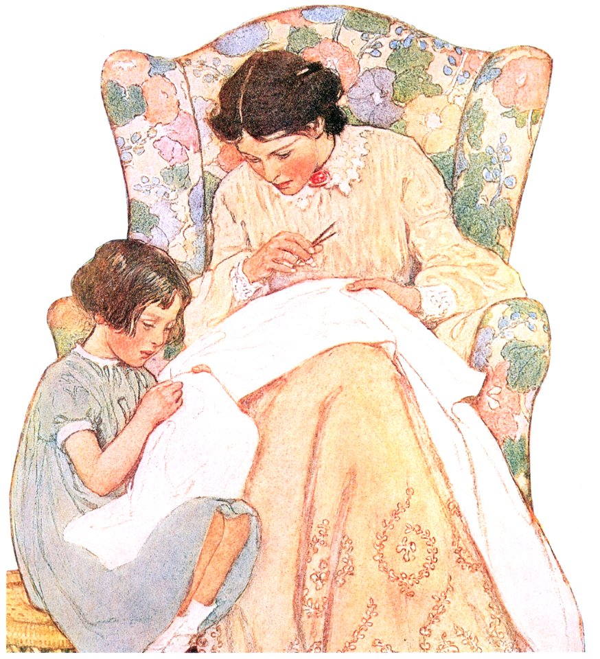 Jessie Willcox Smith – Elizabeth sat on a little wicker footstool at her feet (When Christmas Comes Around by Priscilla Underwood) [from Jessie Willcox Smith: American Illustrator]