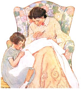 Jessie Willcox Smith – Elizabeth sat on a little wicker footstool at her feet (When Christmas Comes Around by Priscilla Underwood) [from Jessie Willcox Smith: American Illustrator]. Free illustration for personal and commercial use.