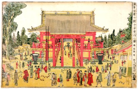 Katsushika Hokusai – Perspective Picture of the Sensō-ji Temple [from Meihin Soroimono Ukiyo-e]. Free illustration for personal and commercial use.
