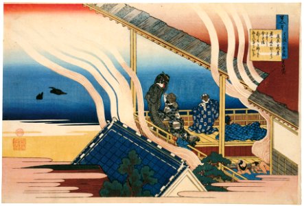 Katsushika Hokusai – Poem by Fujiwara no Yoshitaka, from the series One Hundred Poems Explained by the Nurse [from Meihin Soroimono Ukiyo-e]. Free illustration for personal and commercial use.