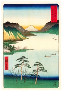 Utagawa Hiroshige – Lake Suwa in Shinano Province [from Thirty-six Views of Mount Fuji]. Free illustration for personal and commercial use.