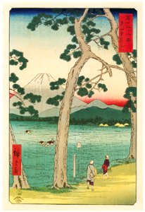 Utagawa Hiroshige – Fuji on the left of the Tōkaidō Road [from Thirty-six Views of Mount Fuji]. Free illustration for personal and commercial use.