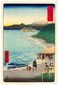 Utagawa Hiroshige – The Seven Ri Beach in Sagami Province [from Thirty-six Views of Mount Fuji]. Free illustration for personal and commercial use.