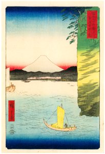 Utagawa Hiroshige – Cherry Blossoms at Honmoku in Musashi Province [from Thirty-six Views of Mount Fuji]. Free illustration for personal and commercial use.
