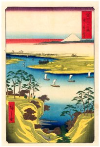 Utagawa Hiroshige – Wild Goose Hill and the Tone River [from Thirty-six Views of Mount Fuji]. Free illustration for personal and commercial use.