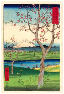 Utagawa Hiroshige – Koshigaya in Musashi Province [from Thirty-six Views of Mount Fuji]. Free illustration for personal and commercial use.