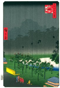 Utagawa Hiroshige – View of the Paulownia Imperiales Trees at Akasaka on a Rainy Evening [from One Hundred Famous Views of Edo (kurashi-no-techo Edition)]. Free illustration for personal and commercial use.