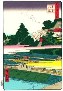 Utagawa Hiroshige – Hachiman Shrine in Ichigaya [from One Hundred Famous Views of Edo (kurashi-no-techo Edition)]. Free illustration for personal and commercial use.