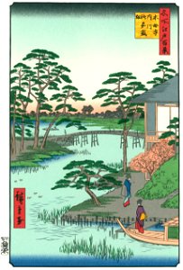 Utagawa Hiroshige – Mokuboji Temple and Vegetable Fields on Uchigawa Inlet [from One Hundred Famous Views of Edo (kurashi-no-techo Edition)]. Free illustration for personal and commercial use.