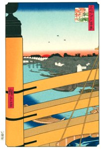 Utagawa Hiroshige – Nihonbashi Bridge and Edobashi Bridge [from One Hundred Famous Views of Edo (kurashi-no-techo Edition)]. Free illustration for personal and commercial use.