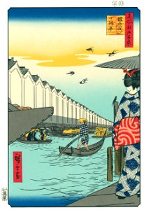 Utagawa Hiroshige – Yoroi Ferry, Koami-chō [from One Hundred Famous Views of Edo (kurashi-no-techo Edition)]. Free illustration for personal and commercial use.