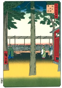 Utagawa Hiroshige – Sunrise at Kanda Myōjin Shrine [from One Hundred Famous Views of Edo (kurashi-no-techo Edition)]. Free illustration for personal and commercial use.