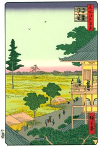 Utagawa Hiroshige – The Sazaidō Hall at the Five Hundred Rakan Temple [from One Hundred Famous Views of Edo (kurashi-no-techo Edition)]. Free illustration for personal and commercial use.