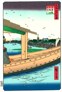 Utagawa Hiroshige – Distant View of Kinryūzan Temple and the Azuma Bridge [from One Hundred Famous Views of Edo (kurashi-no-techo Edition)]. Free illustration for personal and commercial use.