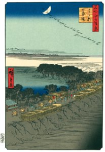 Utagawa Hiroshige – Nihon Embankment and Yoshiwara [from One Hundred Famous Views of Edo (kurashi-no-techo Edition)]. Free illustration for personal and commercial use.