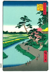 Utagawa Hiroshige – Bashō’s Hermitage on Camellia Hill beside the Aqueduct at Sekiguchi [from One Hundred Famous Views of Edo (kurashi-no-techo Edition)]. Free illustration for personal and commercial use.