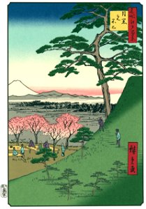 Utagawa Hiroshige – New Fuji in Meguro [from One Hundred Famous Views of Edo (kurashi-no-techo Edition)]. Free illustration for personal and commercial use.
