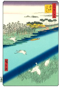 Utagawa Hiroshige – The Ferry at Sakasai [from One Hundred Famous Views of Edo (kurashi-no-techo Edition)]. Free illustration for personal and commercial use.