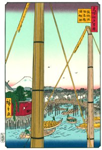 Utagawa Hiroshige – Inari Bridge and the Minato Shrine in Teppōzu [from One Hundred Famous Views of Edo (kurashi-no-techo Edition)]. Free illustration for personal and commercial use.