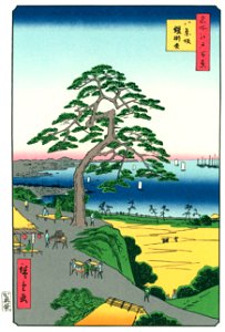 Utagawa Hiroshige – The “Armour-Hanging Pine” at Hakkeizaka Bluff [from One Hundred Famous Views of Edo (kurashi-no-techo Edition)]. Free illustration for personal and commercial use.