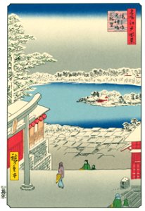 Utagawa Hiroshige – View from the Hilltop of Yushima Tenjin Shrine [from One Hundred Famous Views of Edo (kurashi-no-techo Edition)]. Free illustration for personal and commercial use.