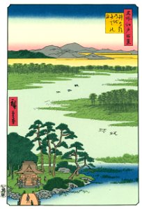 Utagawa Hiroshige – Benten Shrine at the Inokashira Pond [from One Hundred Famous Views of Edo (kurashi-no-techo Edition)]. Free illustration for personal and commercial use.