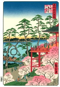Utagawa Hiroshige – Kiyomizu Hall and Shinobazu Pond at Ueno [from One Hundred Famous Views of Edo (kurashi-no-techo Edition)]. Free illustration for personal and commercial use.