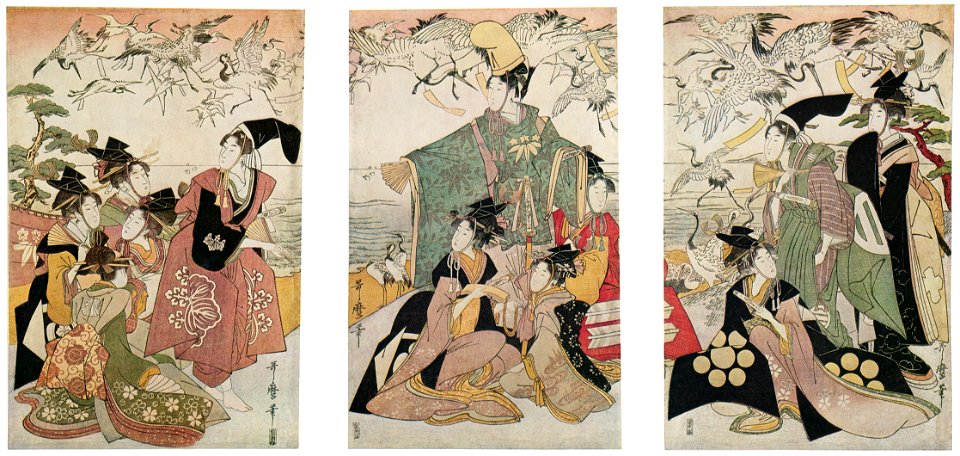 Kitagawa Utamaro – Parody of the Story of Yoritomo Releasing Cranes at Yuigahama [from Ukiyo-e shuka. Museum of Fine Arts, Boston III]. Free illustration for personal and commercial use.