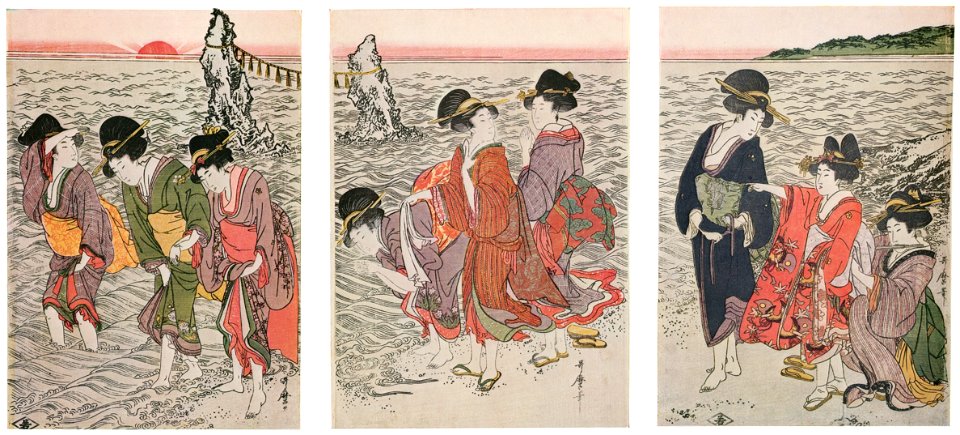 Kitagawa Utamaro – Women on the Beach at Futami-ga-ura [from Ukiyo-e shuka. Museum of Fine Arts, Boston III]. Free illustration for personal and commercial use.