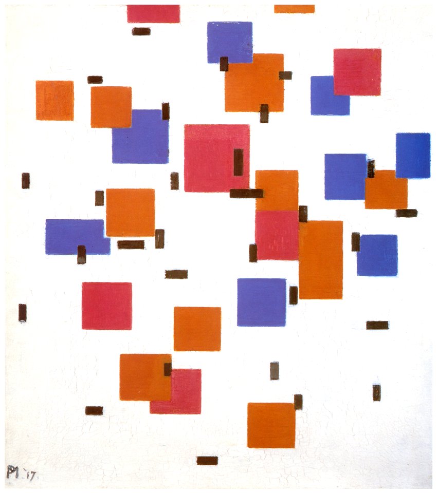 Piet Mondrian – Compositie in kleur A [from Mondrian: 1872-1944: Structures in Space]. Free illustration for personal and commercial use.