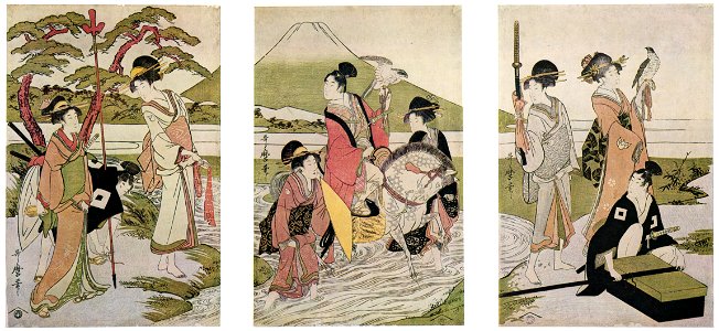Kitagawa Utamaro – Hawking Party in Front of Mount Fuji [from Ukiyo-e shuka. Museum of Fine Arts, Boston III]. Free illustration for personal and commercial use.