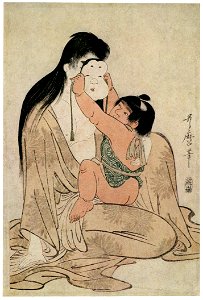 Kitagawa Utamaro – Kintarô Holding Mask before Yamauba’s Face [from Ukiyo-e shuka. Museum of Fine Arts, Boston III]. Free illustration for personal and commercial use.