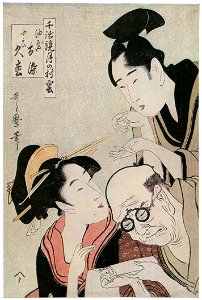 Kitagawa Utamaro – Aburaya Osome and Kogai Hisamatsu, from the series Models of Love Talk: Clouds Form over the Moon [from Ukiyo-e shuka. Museum of Fine Arts, Boston III]. Free illustration for personal and commercial use.