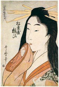 Kitagawa Utamaro – Yosooi of the Matsubaya, from the series Contemporary Courtesans Drawn from Life [from Ukiyo-e shuka. Museum of Fine Arts, Boston III]. Free illustration for personal and commercial use.