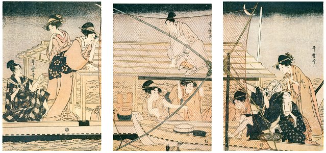 Kitagawa Utamaro – Fishing with a Scoop Net [from Ukiyo-e shuka. Museum of Fine Arts, Boston III]. Free illustration for personal and commercial use.