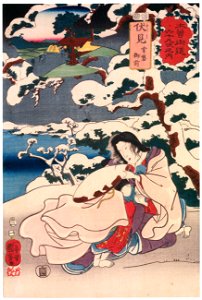 Utagawa Kuniyoshi – FUSHIMI: Tokiwa Gozen [from The Sixty-nine Stations of the Kisokaido]. Free illustration for personal and commercial use.