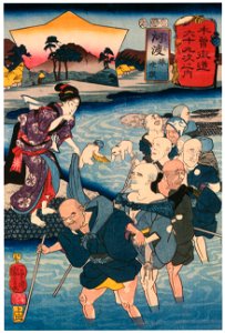 Utagawa Kuniyoshi – GŌDO: Blind Men Traveling (Tabi zatō) [from The Sixty-nine Stations of the Kisokaido]. Free illustration for personal and commercial use.