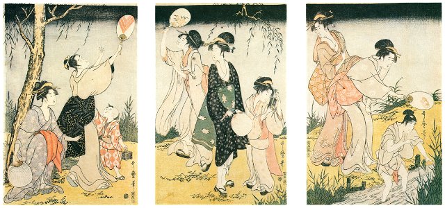 Kitagawa Utamaro – Catching Fireflies [from Ukiyo-e shuka. Museum of Fine Arts, Boston III]. Free illustration for personal and commercial use.
