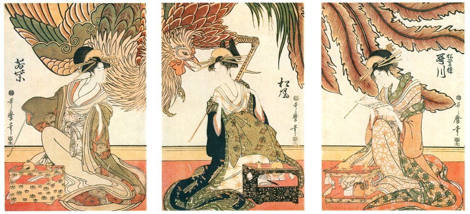 Kitagawa Utamaro – ourtesans of the Matsuba-rô: Utagawa, Matsukaze, Wakamurasaki [from Ukiyo-e shuka. Museum of Fine Arts, Boston III]. Free illustration for personal and commercial use.