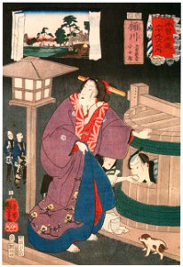 Utagawa Kuniyoshi – OKEGAWA: Tamaya Shinbei and Kojorō [from The Sixty-nine Stations of the Kisokaido]. Free illustration for personal and commercial use.