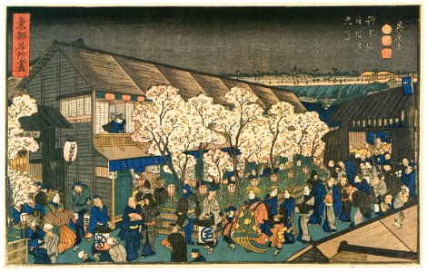 Keisai Eisen – Tôto Meisho Zukuslii (Collection of Celebrated Places of the Eastern Capital) : Cherry blossoms viewers at night in the gay quarters at Shin Yosliiwara [from The Exhibition of Keisai Eisen in memory of the 150th anniversary after his death]. Free illustration for personal and commercial use.