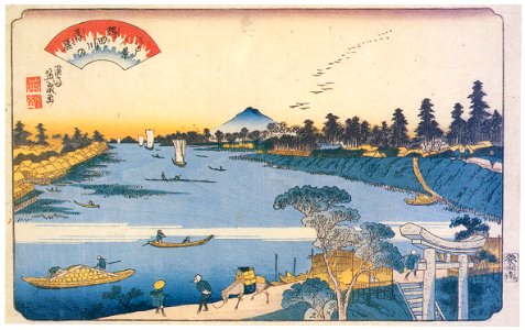 Keisai Eisen – Edo Hakkei (Eight Sights of Edo) : Wildgeese flying down at Sumida-gawa River [from The Exhibition of Keisai Eisen in memory of the 150th anniversary after his death]. Free illustration for personal and commercial use.